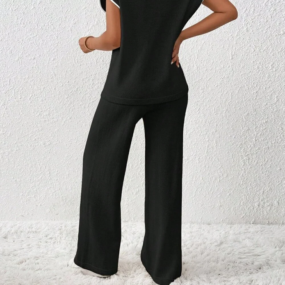 Black Preppy Women's Loose Knit Casual Contrast Trim Drawstring Sweater & Pants